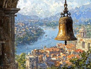 Fototapeta premium Echoes of the Old City: A Bell Tower at Dawn. Generative AI