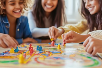 Fototapeta premium Children playing a colorful board game together, symbol of friendship and fun