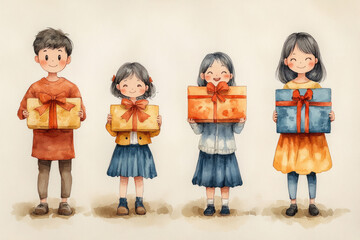 Four joyful children stand together, each holding a beautifully wrapped gift, radiating happiness and excitement during a festive celebration