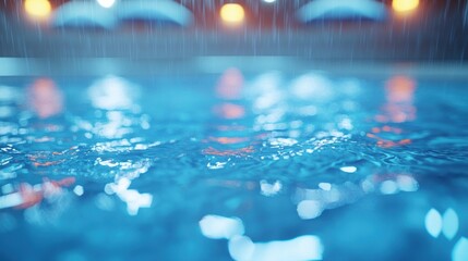 Closeup of rippling water surface with bokeh lights and rain.