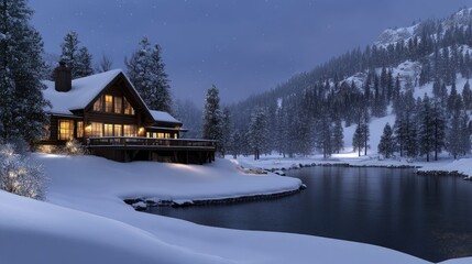 Obraz premium A wooden cabin glows warmly in the twilight, nestled amidst a snowy expanse and towering pine trees, inviting tranquility on a cold winter evening