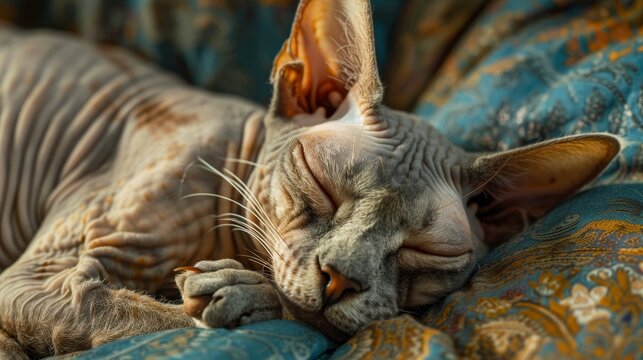 This image captures a Sphynx cat peacefully sleeping on a colorful, patterned blanket, highlighting the cat's unique furless features and serene expression.