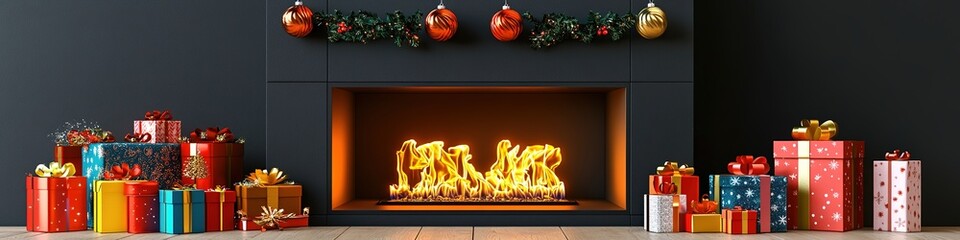 Fototapeta premium Cozy fireplace with festive gifts and decorations