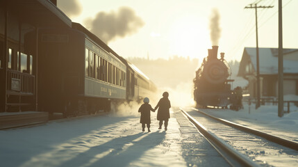 North Pole Train station with Christmas Santa express train awaiting for children, snowing outside with steam, Christmas lights and spirits, beautiful night, full of joy, magical moment, xmas holidays