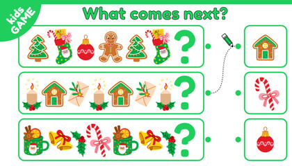 What comes next is. Christmas educational kids game. Choose objects, complete pattern. Puzzle for children with cartoon Xmas gingerbreads, holiday mugs, bells. Activities page. Vector illustration.