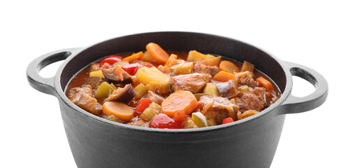 Delicious stew with vegetables in pot isolated on white