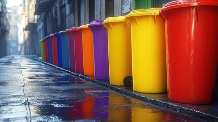 Fototapeta premium Colorful trash cans line a wet city street.