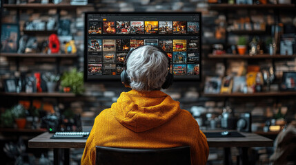 An elderly individual sits at a desk in a cozy living room, wearing headphones and enjoying a movie on a large screen, surrounded by various films