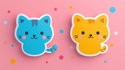 Two adorable cartoon cats, one blue and one orange, display charming expressions against a playful pink backdrop with colorful dots