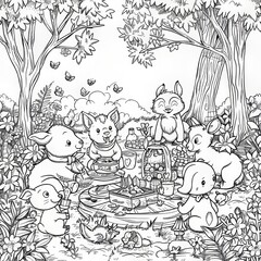Fototapeta premium A group of cute cartoon animals enjoy a picnic in a sunny forest clearing.
