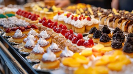 An appetizing selection of assorted pastries and desserts, including cupcakes, tarts, and eclairs, beautifully arranged in a vibrant and enticing display.