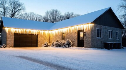 A charming stone house glimmers in the twilight, featuring icicles and warm lights along the roof's edge against a backdrop of softly falling snow