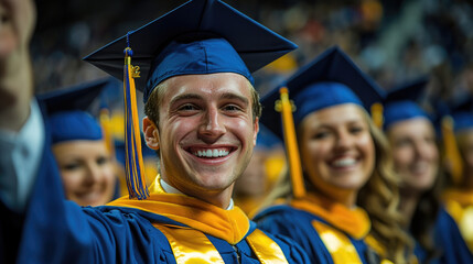 Graduates wear blue caps and gowns, joyfully celebrating their achievements with beaming smiles during a university commencement ceremony