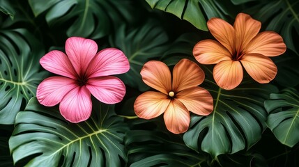 Fototapeta premium Tropical floral backdrop with vibrant hibiscus and lush monstera leaves, ideal for wallpaper or background design