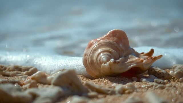 Conch, Light pink, beautiful sea shells with sand and back light, rotation, on black background