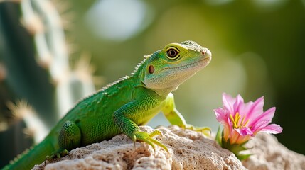 Fototapeta premium A green lizard perched on a rock with a pink flower in the background.