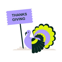 Thanksgiving turkey next to a sign symbolizing the holiday, flat vector illustration representing holiday celebrations, Thanksgiving symbols, and festive decor, isolated on white background