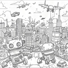 Fototapeta premium A cartoon cityscape filled with robots and flying cars, a whimsical depiction of a future city.
