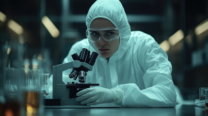 A researcher in a white suit and goggles meticulously analyzes samples under a microscope in a dimly lit laboratory
