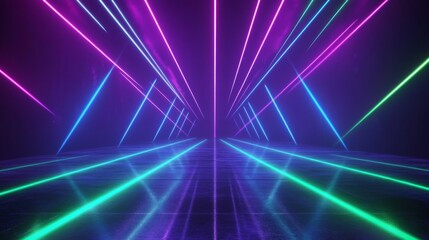 Fototapeta premium Vibrant stage scene featuring dynamic green lighting and geometric patterns on a reflective floor, perfect for events or performances.