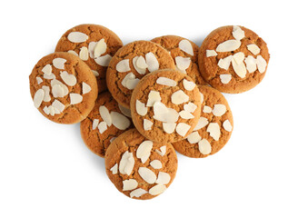 Tasty cookies with almond flakes isolated on white, top view