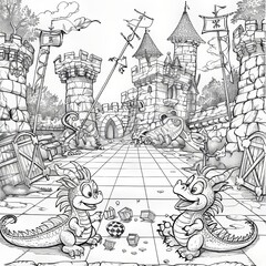 Obraz premium Two playful dragons enjoy a game of checkers in front of a dilapidated castle.