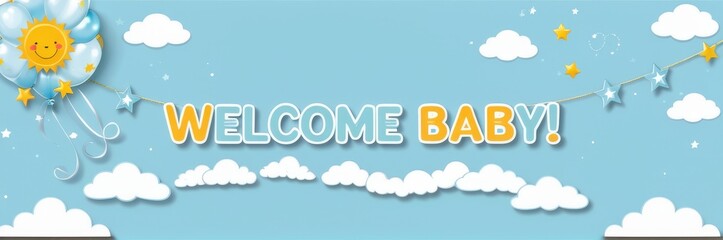 Fun welcome baby banner with adorable characters—perfect for welcoming a newborn at a baby shower.