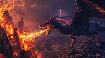 A dragon breathing fire in a fantasy landscape, flames erupting