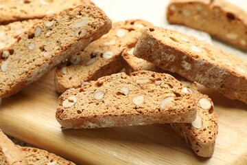 Traditional Italian almond biscuits (Cantucci) on table, closeup