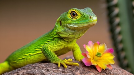 Obraz premium A green lizard with a yellow and pink flower in front of him.