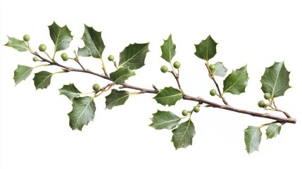 Naklejka premium A Gorgeous Holly Branch with Lush Green Leaves and Young Berries Illustrating Nature’s Beauty in an Elegant Display