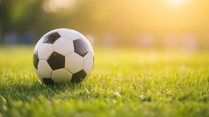 Fototapeta premium closeup of a soccer ball on a lush green field during a sunset 