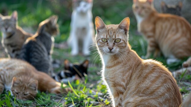 A ginger cat serenely sits among a group of other cats in a grassy area, highlighting a moment of tranquility and community in a natural outdoor environment.