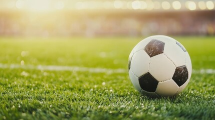 Fototapeta premium closeup of a soccer ball on a lush green field during a sunset 