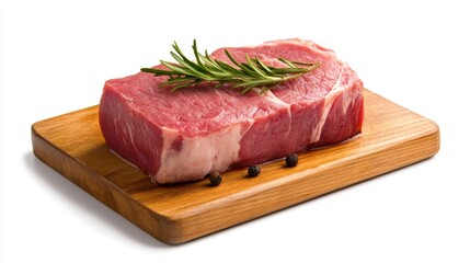 Fresh cut beef steak on a wooden board garnished with rosemary sprigs