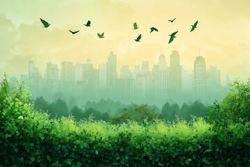 A tranquil urban landscape at dawn with birds soaring above lush greenery in a vibrant city