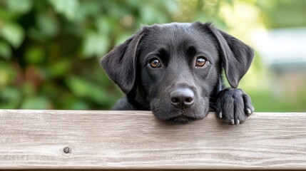 A playful black Labrador rests its head on a wooden railing in a garden