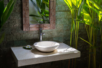 Stylish outdoor bathroom with a stone sink, rustic mirror, and lush tropical strelitzia reginae...