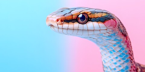 Fototapeta premium Close-up of colorful snake against pink and blue gradient