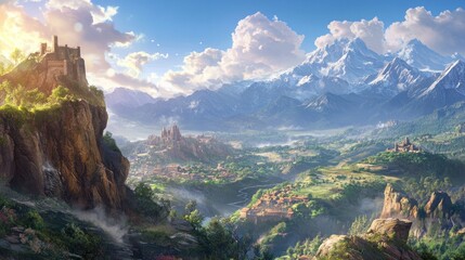 A picturesque view of a medieval castle perched atop a rocky cliff overlooking a lush valley with a river, rolling hills, 