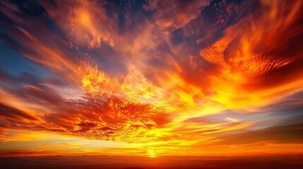 A dramatic sunset with fiery orange and red hues lighting up the sky