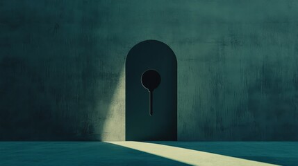 Mysterious Keyhole Archway:  A sunbeam illuminates a keyhole within an arched doorway set in a textured teal wall, creating a captivating image of mystery, potential, and hidden pathways.