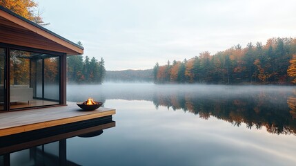 A warm fire crackles in a circular pit surrounded by modern chairs, set against a tranquil lakeside with colorful autumn foliage as the evening light fades