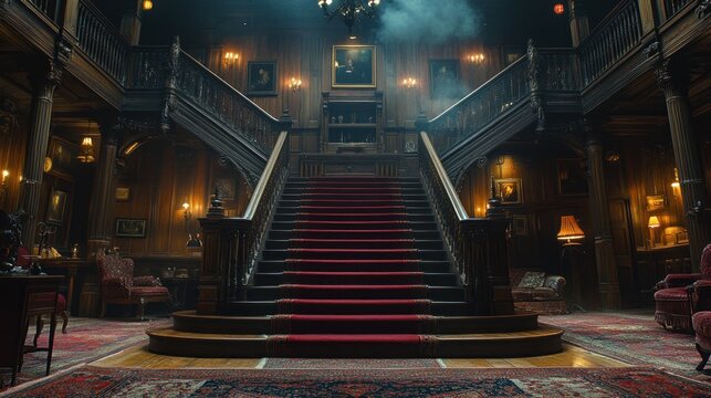 Grand staircase in a spooky old mansion.