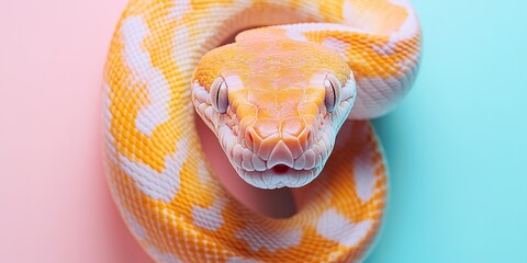 Fototapeta premium Yellow python on pink and blue gradient background