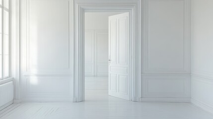 Fototapeta premium Open Door to a New Beginning: A minimalist shot of a white room, bathed in soft light, features a single open door, symbolizing opportunity, transition, and a fresh start. 