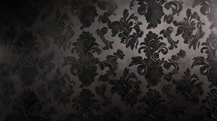 Intricate black damask pattern textile with elegant design in soft lighting