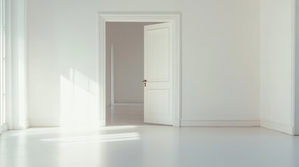 A single open door in a white hallway, symbolizing opportunity and new beginnings