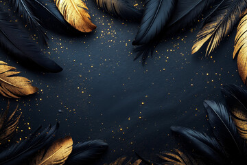 A collection of black and gold feathers scattered across a dark background, with a sprinkle of golden sparkles