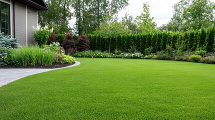 Obraz premium Lush green lawn surrounded by vibrant landscaping in a serene backyard setting